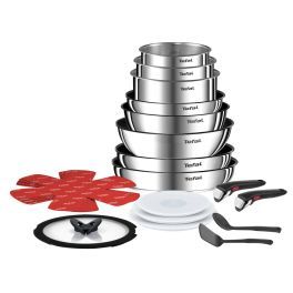 Ingenio - Set 20 piese Tefal Ingenio Emotion L897SJ04, oala 16 / 18 / 20 cm, cratita 24 cm, tigaie 22 / 26 / 28 cm, wok 26 cm, 2 manere detașabile, 2 spatule, 3 capace ermetice 16 / 18 / 20 cm, capac sticla 24 cm, 4 protectii, inducție, argintiu