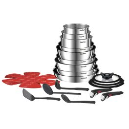 Ingenio - Set 22 piese Tefal Ingenio Emotion L897SM74, cratițe 16/18/20 cm, tigăi 22/24/26/28 cm, tigaie saute 24 cm, wok 26 cm, capace 16/18/20 cm, 2 mânere, 4 spatule, 4 protecții tigăi, argintiu