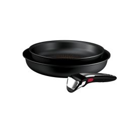 Ingenio - Set 3 piese Tefal Ingenio Excellence+ P0009653, tigaie de 22/26 cm, maner detasabil, tehnologie FUSIONCORE, Thermo-Signal™, invelis antiaderent, aluminiu. inductie, negru