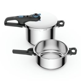 Oale sub presiune - Set de 2 oale sub presiune Tefal Secure Trendy P2584301, 4 / 6 L, sistem siguranta in 5 puncte, 2 programe de gatire, compatibil cu inductia, argintiu