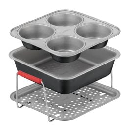 Accesorii - Set de 3 accesorii Tefal Dail'Easy J701S344 pentru friteuze de 4.6 L, invelis antiaderent, otel carbon, tava perforata cu manere si 2 forme, negru & gri