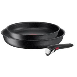 Articole de bucătărie - Set de 3 piese Tefal Ingenio Black Stone L3999032, tigaie de 24/28 cm, mâner detașabil, înveliș antiaderent Mineralia+, indicator Thermo-Signal, compatibil cu inducția, negru