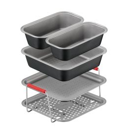 Accesorii - Set de 5 accesorii Tefal Dail'Easy J701S544 pentru friteuza de 4.6 L, invelis antiaderent, otel carbon, tava perforata cu manere, tava si 3 forme, negru & gri