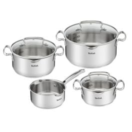 Articole de bucătărie - Set de 7 piese Tefal Duetto+ G719S735, oale cu capac de sticlă 16 / 20 / 24 cm, cratiță 16 cm, inducție, inox, mânere nituite, margini turnare, gradații interioare, argintiu