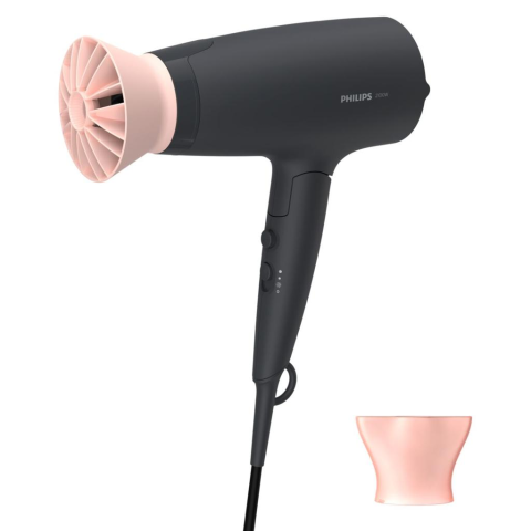 Uscătoare de păr - Uscător de Păr Philips Seria 3000 BHD350/10, 2100W, ThermoProtect, Ionic Care, 6 Setări, Alb/Roz