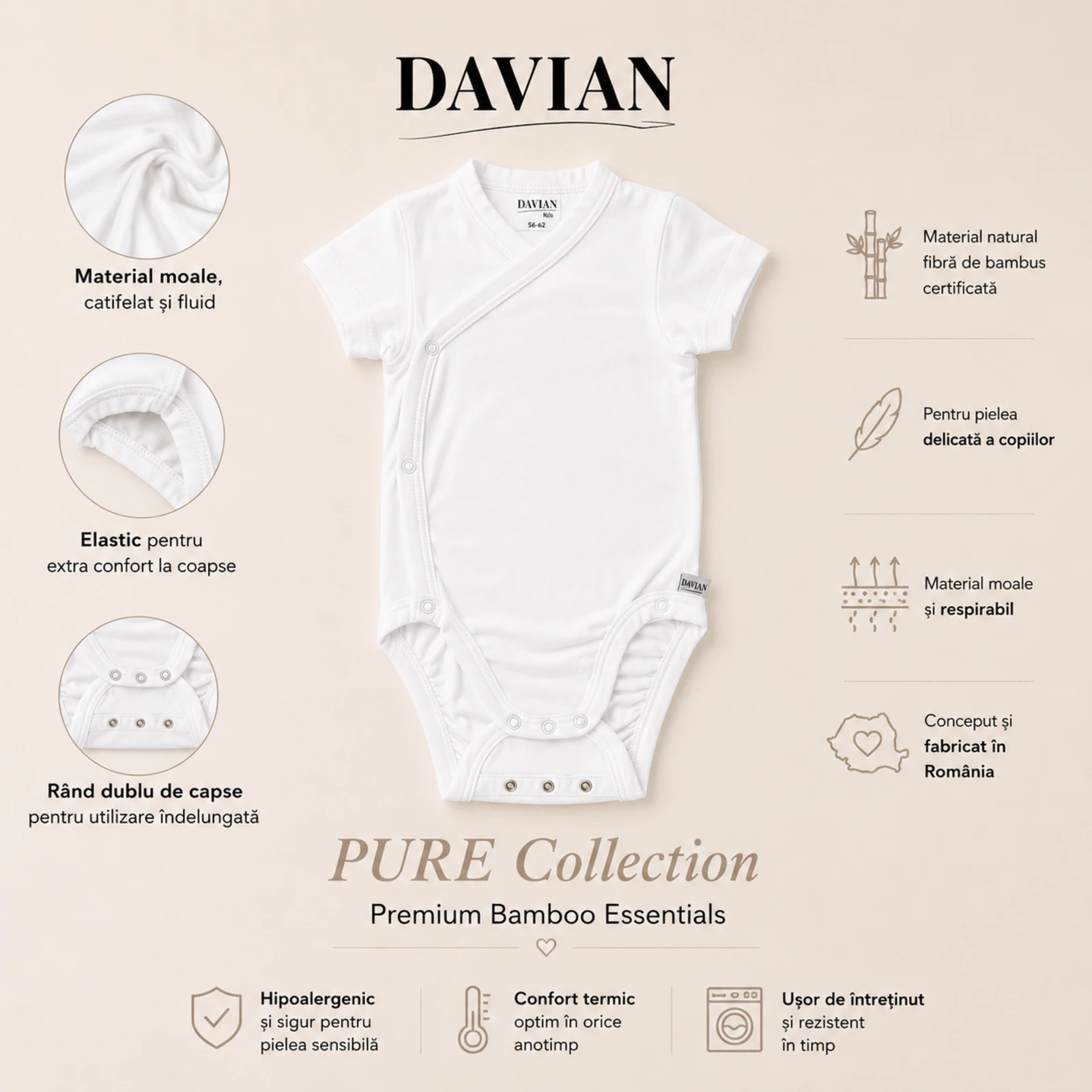 Body kimono scurt pentru nou-născuți și bebeluși din bambus – PURE, alb [2]