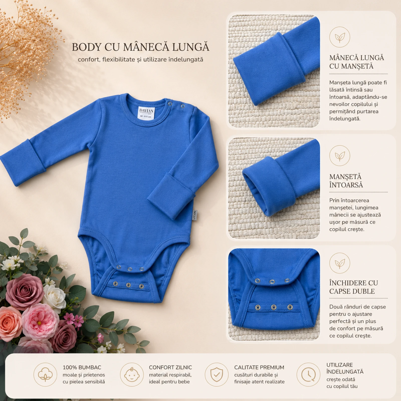 Body pentru bebeluși din bumbac – EVER - albastru [3]