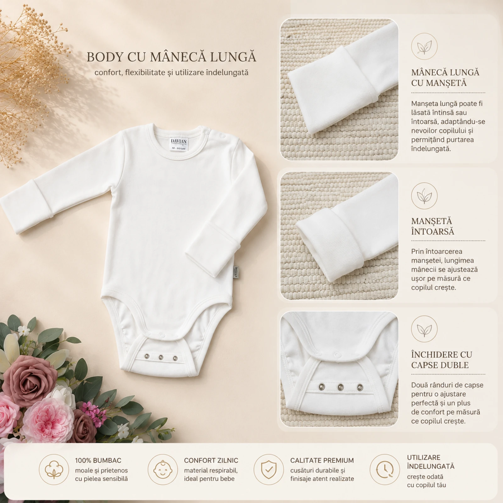 Body pentru bebeluși din bumbac – EVER - crem [3]