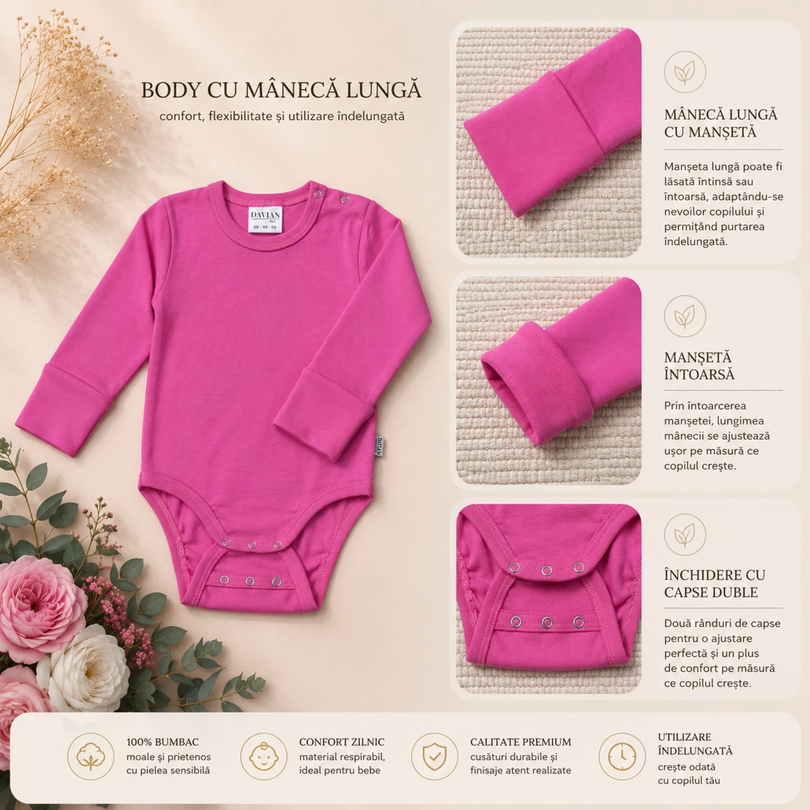Body pentru bebeluși din bumbac – EVER - roz [4]
