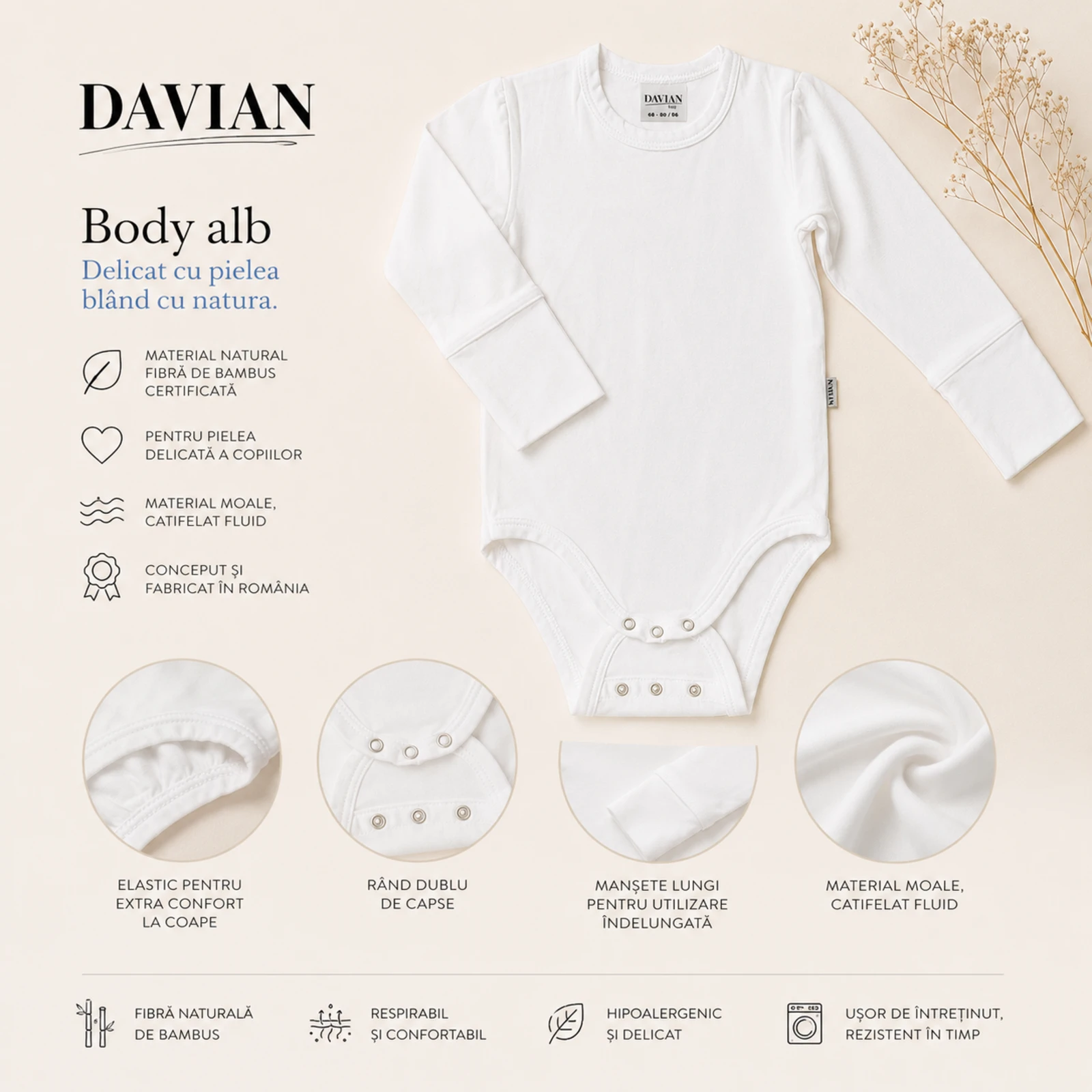 Body pentru bebeluși din bambus – PURE, alb [3]