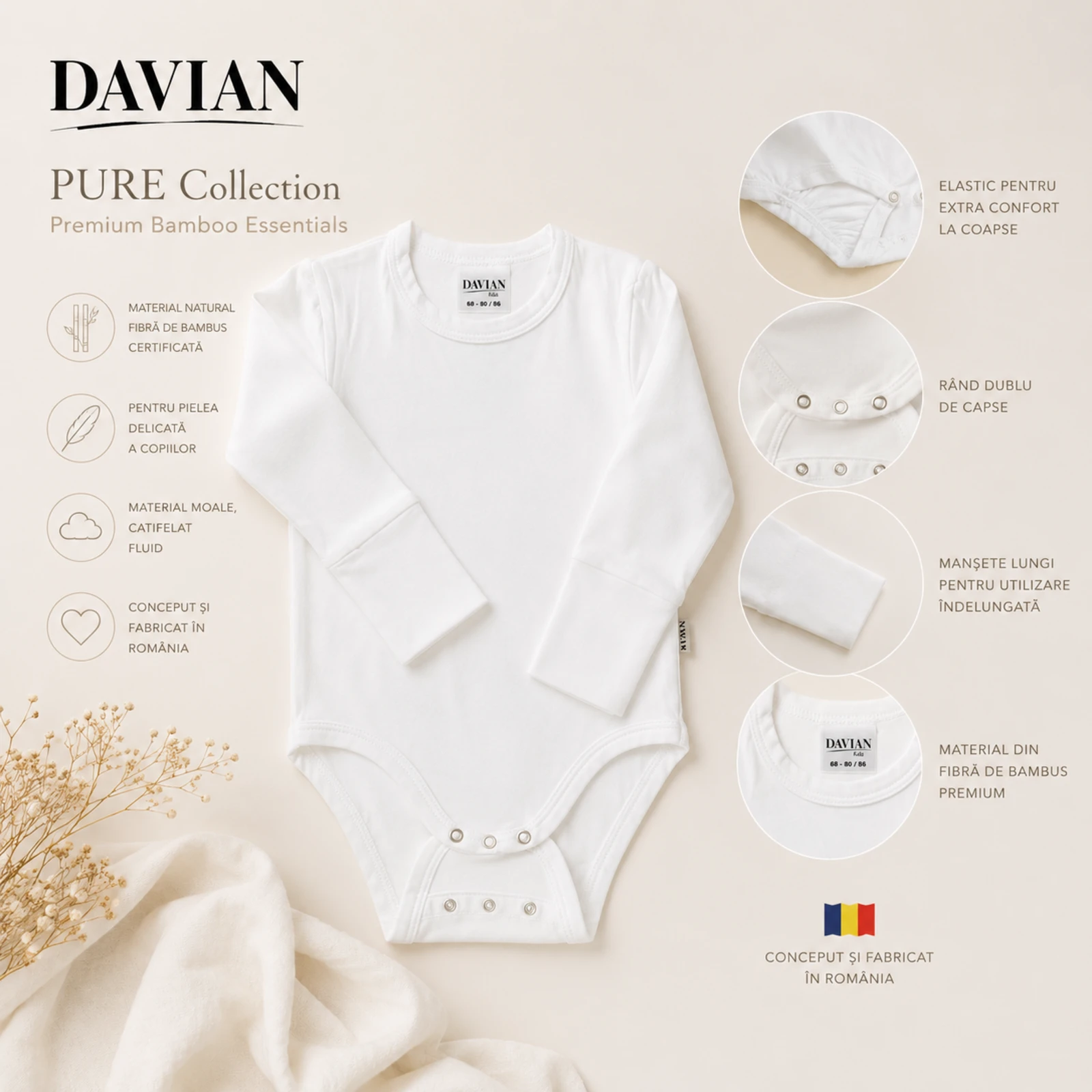 Body pentru bebeluși din bambus – PURE, alb [2]