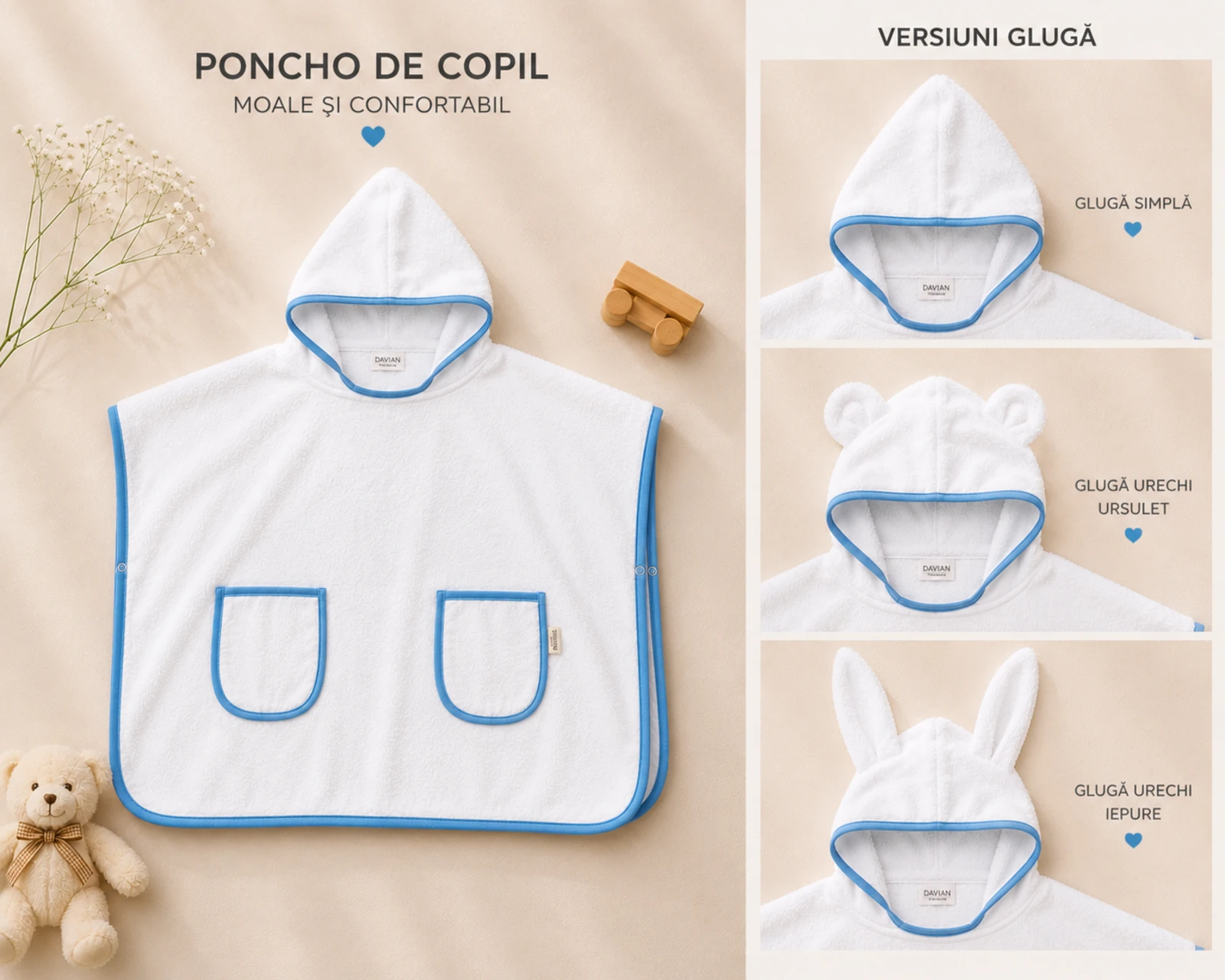 Poncho - Poncho cu glugă pentru copii din bumbac 100% – ARIS - bleu