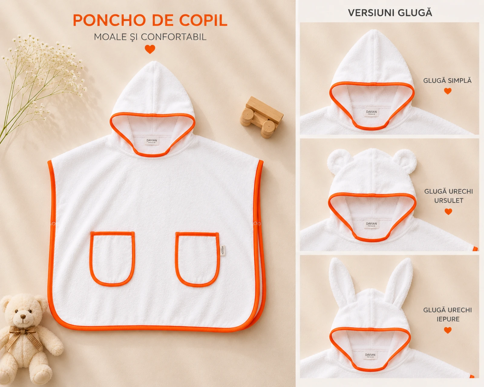 Poncho - Poncho cu glugă pentru copii din bumbac 100% – ARIS - portocaliu