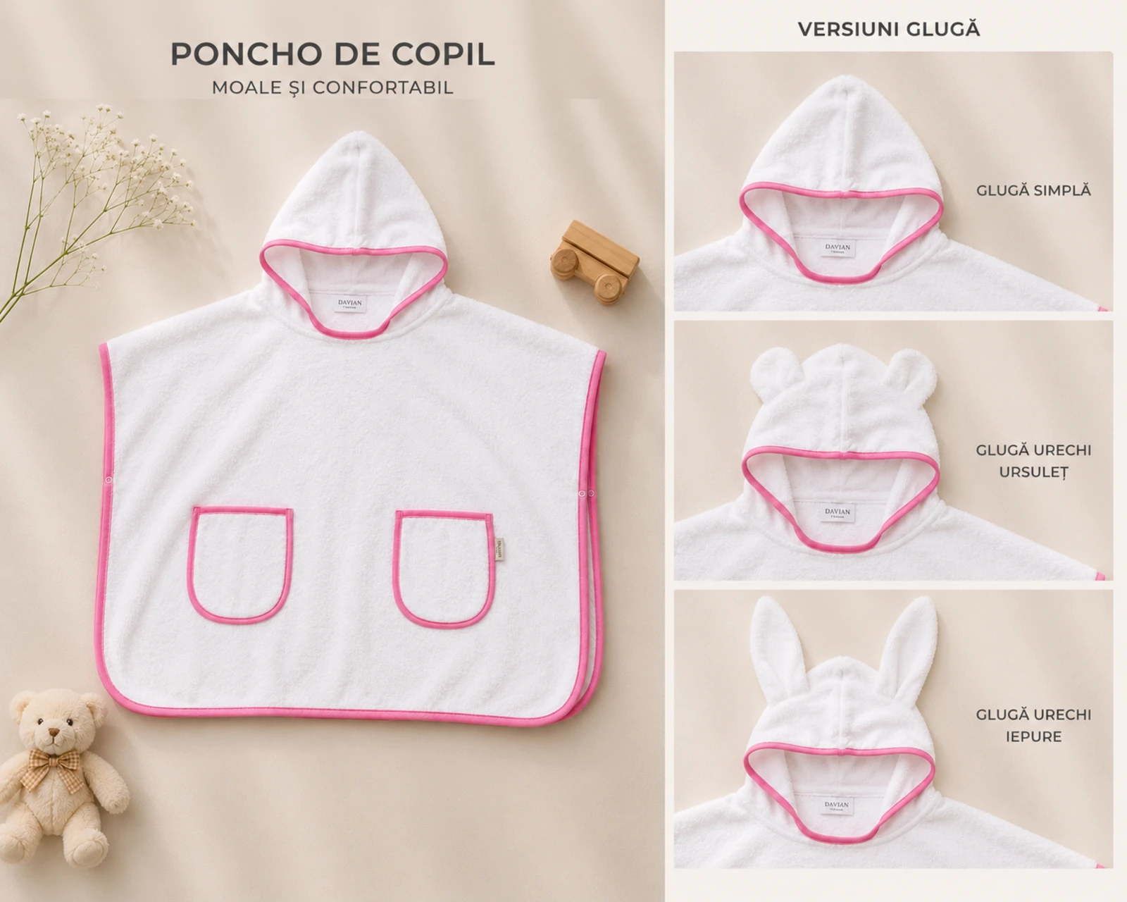 Poncho - Poncho cu glugă pentru copii din bumbac 100% – ARIS - roz