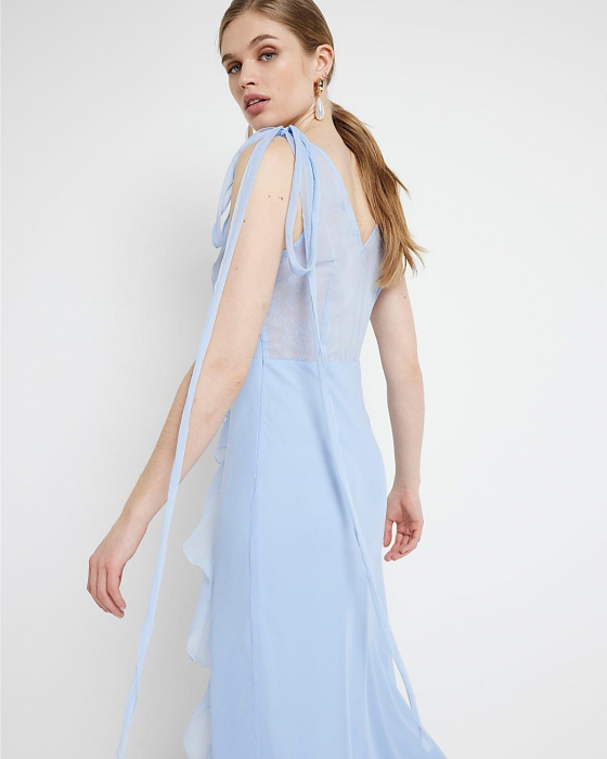 Rochie Maxi Albastră Din Șifon Cu Volane [3]
