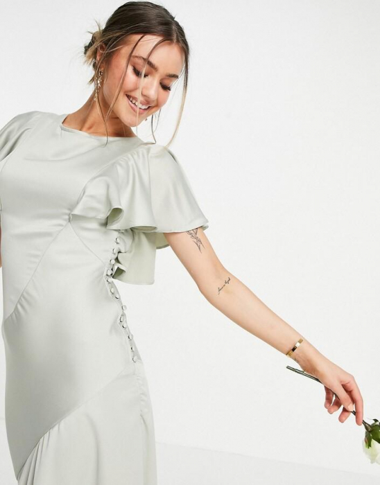 Rochie maxi din satin, cu mâneci fluturate, cu nasturi laterali [3]