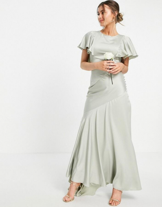 Rochie maxi din satin, cu mâneci fluturate, cu nasturi laterali [4]