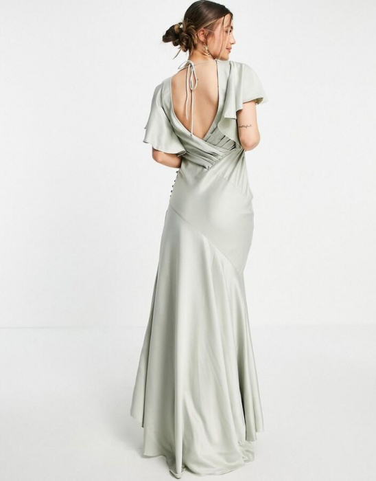 Rochie maxi din satin, cu mâneci fluturate, cu nasturi laterali [2]