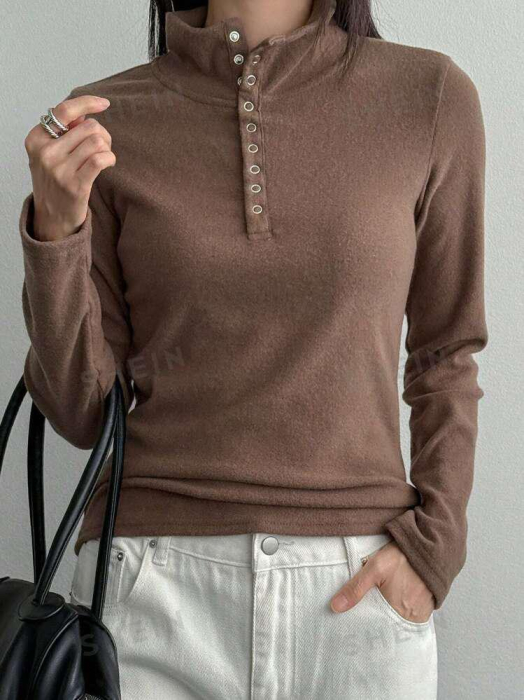 Bluza Minimalista Cu Mânecă Lungă Și Nasturi În Față Pentru Femei [1]