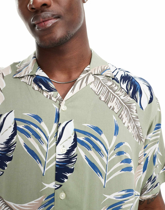 Cămașă cu imprimeu de pene și guler revere Jack & Jones, verde salvie [2]