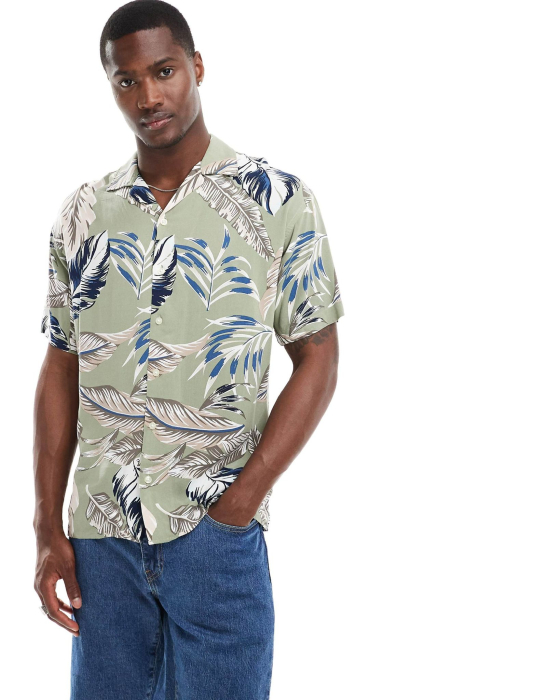 Cămașă cu imprimeu de pene și guler revere Jack & Jones, verde salvie [4]