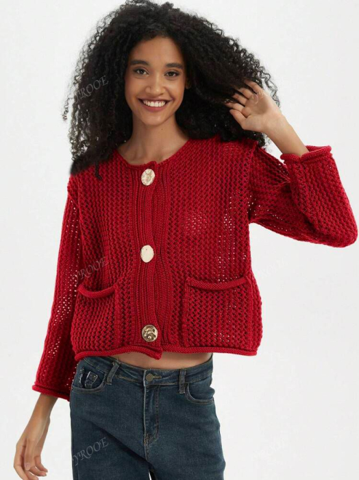 Cardigan Tricotat Gros Cu Nasturi Metalici Minimalist [2]