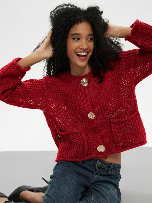 Cardigan Tricotat Gros Cu Nasturi Metalici Minimalist [1]