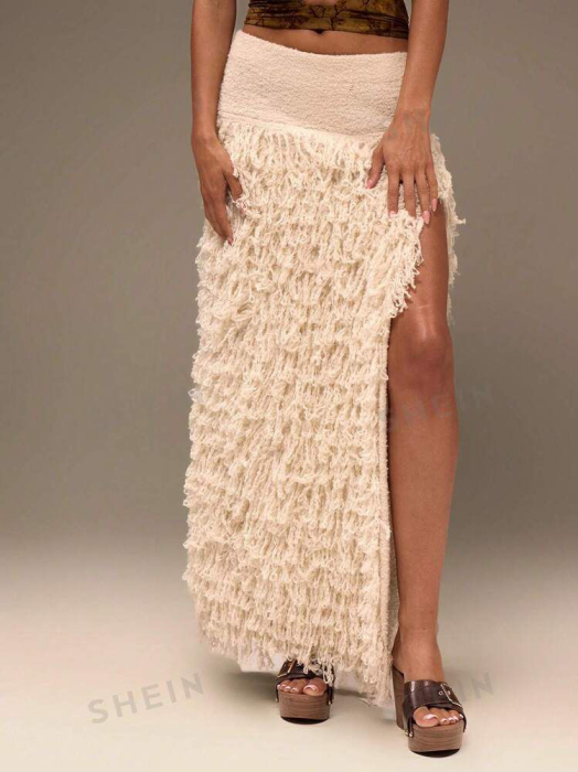 Fusta Maxi, Pufoasă, Tricotată, Cu Desfășurare Laterală [2]
