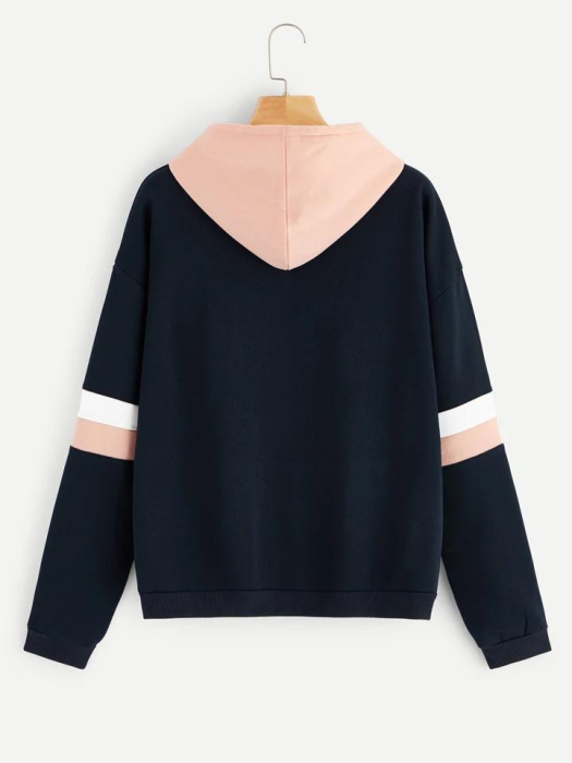 Hanorac Cu Glugă Cu Dungi În Contrast Brodate Cu Litere [2]