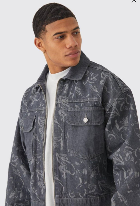 Jachetă din denim cu imprimeu laser și fermoar, croială dreaptă - gri [2]