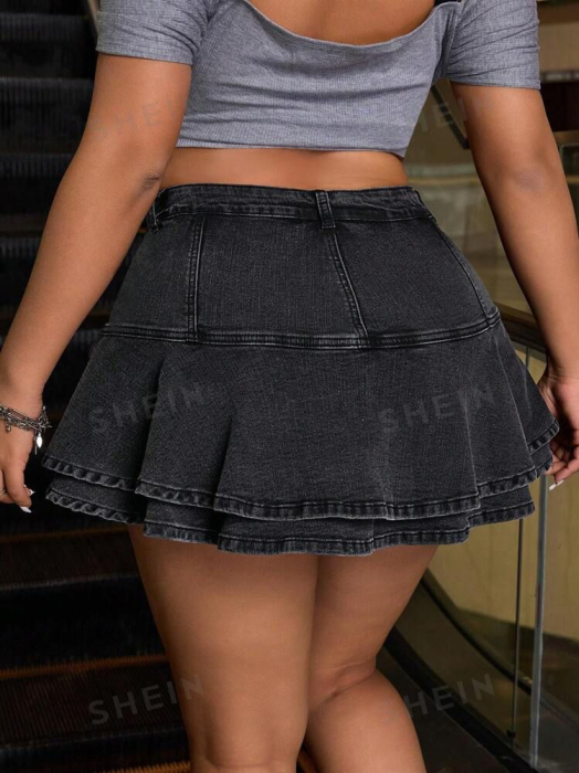 Pantaloni Scurți Din Denim Spălat, De Mărime Plus, Cu Tiv Cu Volane [3]