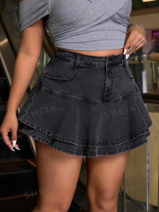 Pantaloni Scurți Din Denim Spălat, De Mărime Plus, Cu Tiv Cu Volane [2]