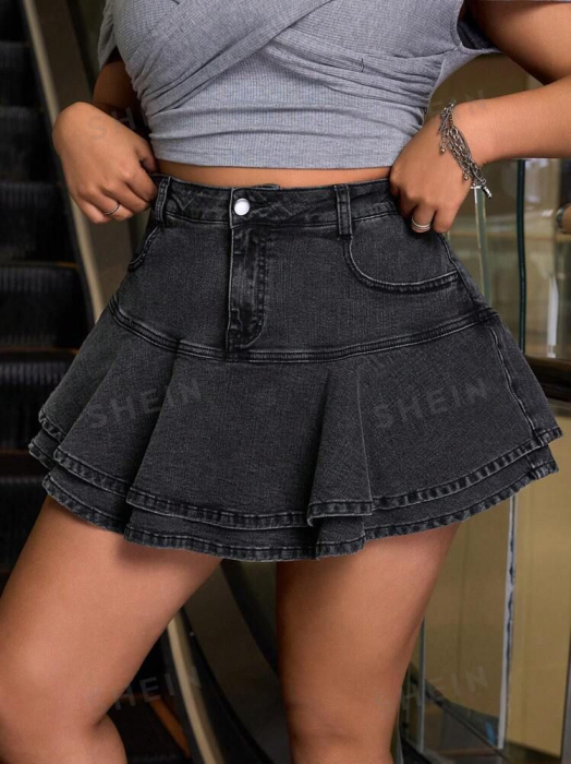 Pantaloni Scurți Din Denim Spălat, De Mărime Plus, Cu Tiv Cu Volane [4]