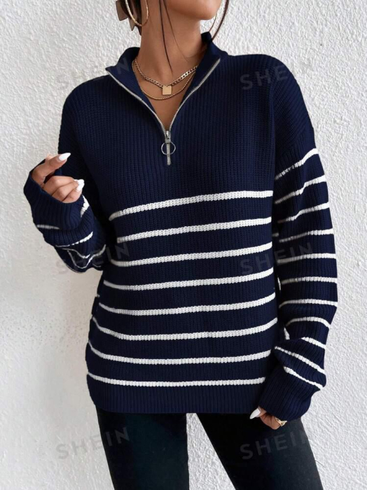 Pulover Cu Umăr Căzut Cu Jumătate De Fermoar Cu Model În Dungi [2]