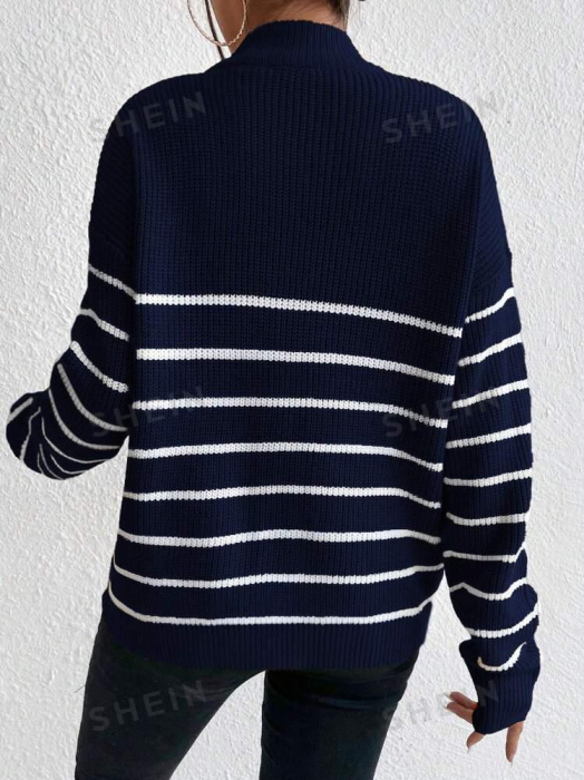Pulover Cu Umăr Căzut Cu Jumătate De Fermoar Cu Model În Dungi [3]