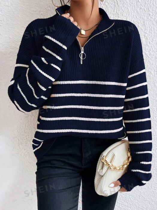 Pulover Cu Umăr Căzut Cu Jumătate De Fermoar Cu Model În Dungi [4]