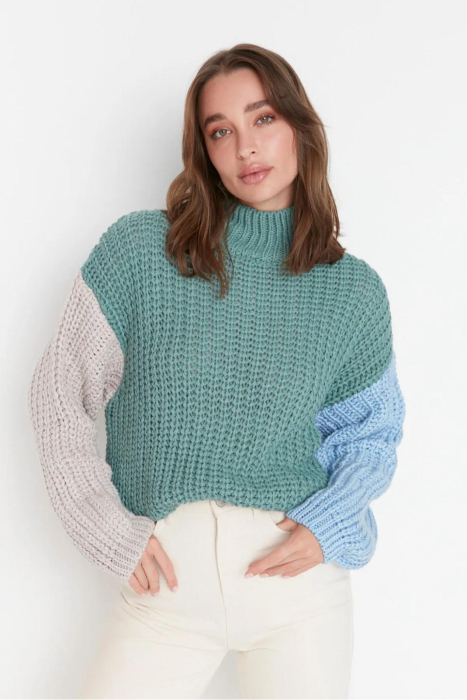 Pulover Mint Wide Fit, texturat moale, tricotaj, bloc de culoare [1]