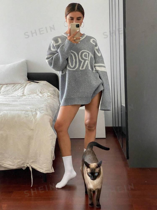 Pulover Tricotat Jacquard Cu Imprimeu Lejer, Decolteu În V, Cu Litere, Pentru Femei, Bluze Cu Mânecă Lungă [4]