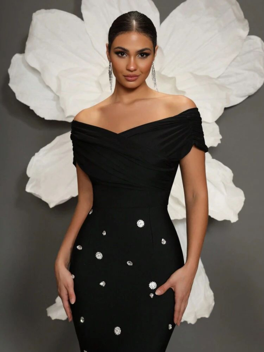 Rochie Bandaj Mulată, Cu Umeri Goi, Lucrată Manual, Cu Mărgele, Sexy Și Mulată, Potrivită Pentru Reuniuni De Familie, Petreceri, Evenimente Formale [3]