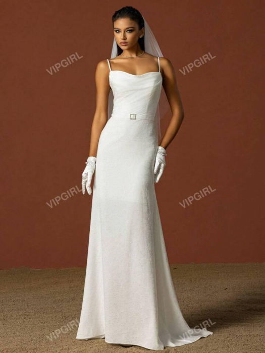 Rochie de mireasă ușoară, simplă, cu bretele spaghete, subțire, în stil francez [2]