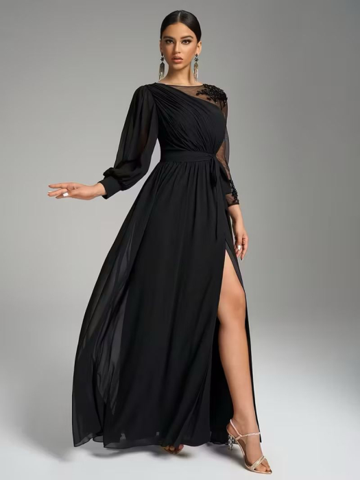 Rochie de Seară Elegantă cu Guler Rotund, Mâneci Lantern Neregulate și Detalii Împletite, Cușetă Legată la Talie - Negru [5]