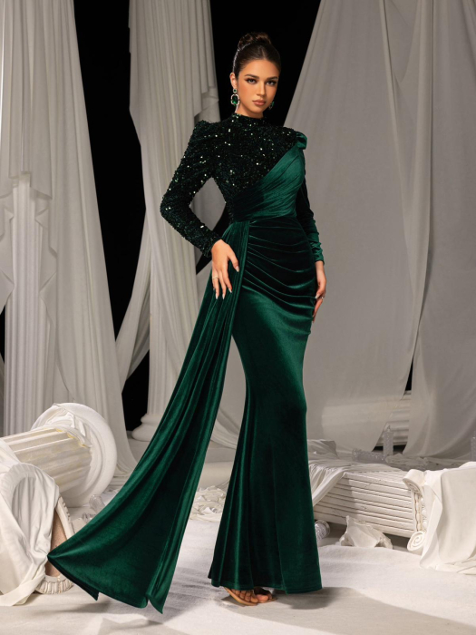 Rochie de seară elegantă din catifea cu detalii din paiete și siluetă de sirenă [3]