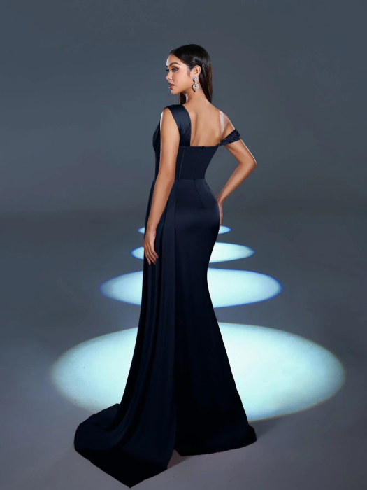 Rochie de seară elegantă din satin, cu decolteu asimetric și tiv sirenă, decupată [2]