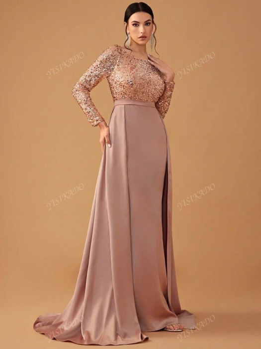 Rochie de seară elegantă, modestă, din satin contrastant, cu paiete [1]