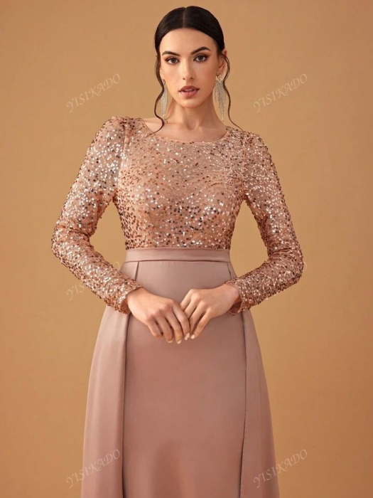Rochie de seară elegantă, modestă, din satin contrastant, cu paiete [2]
