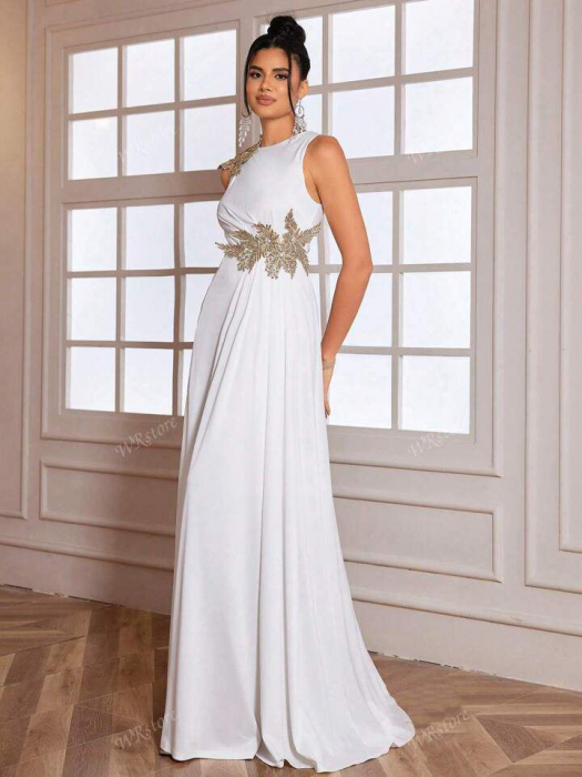 Rochie de seară elegantă premium cu crăpături înalte și flori 3D, albă [2]