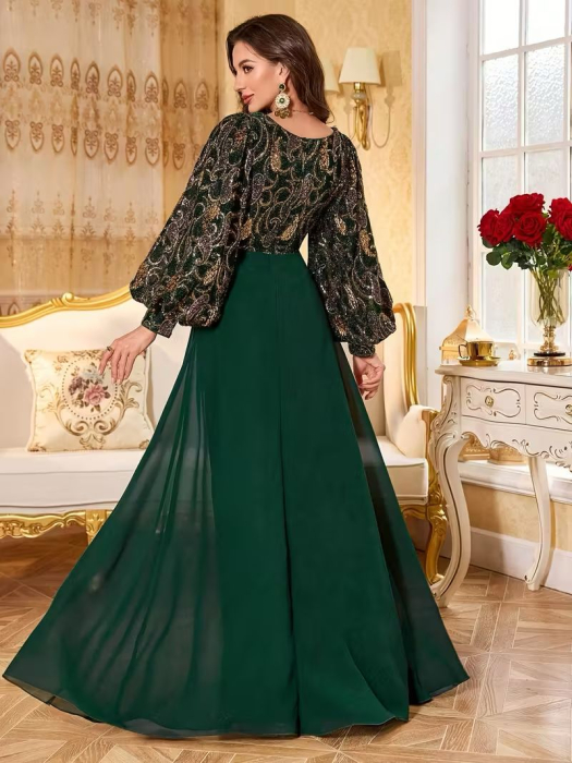 Rochie de Seară Formală Verde Smarald cu Decolteu în V, Mâneci Lungi și Paiete și Broderii - Rochie Elegantă cu Mâneci Bufante, Tren Super-Lung și Umplutură pentru Piept pentru Femei [4]