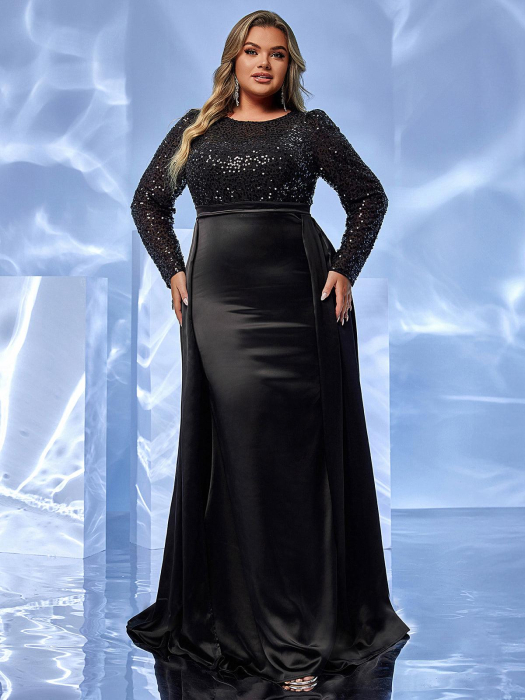 Rochie de seară neagră sexy pentru femei Giffniseti, mărime Plus, strălucitoare, cu mânecă lungă, guler rotund, pentru petrecere dansantă [4]
