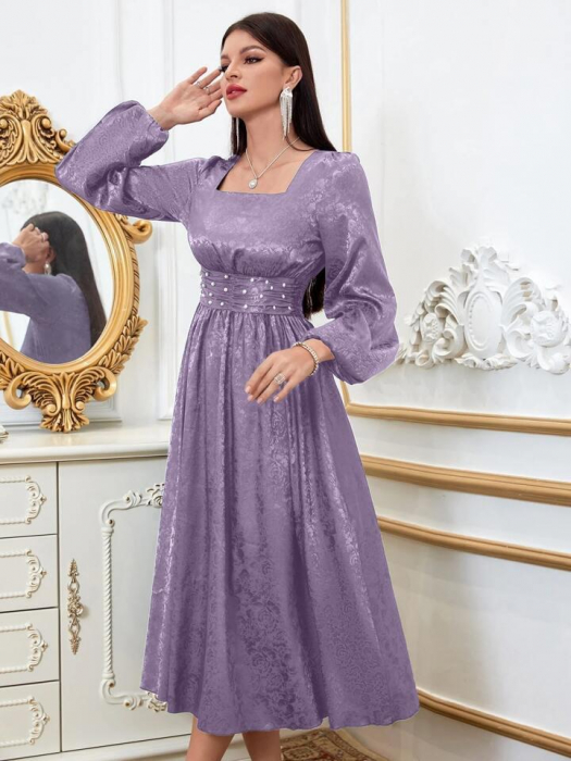 Rochie din satin cu mânecă lanternă, perle jacquard [1]