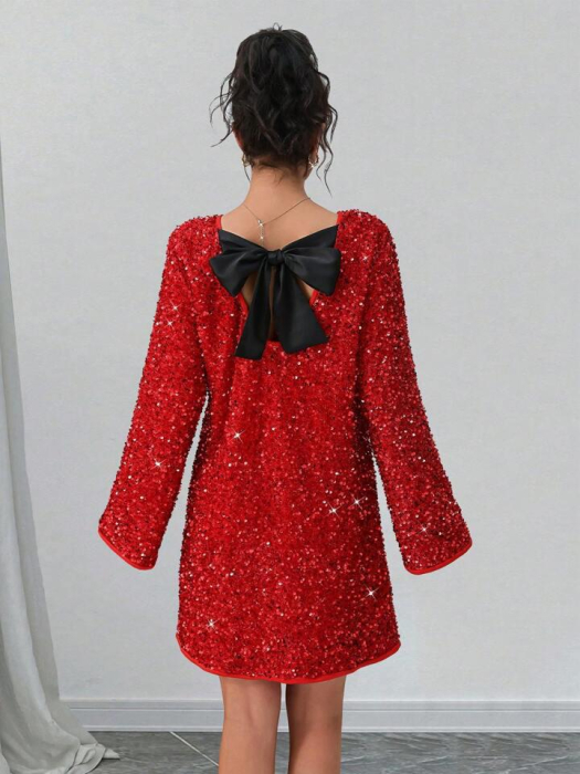 Rochie Elegantă Cu Fundă Cu Paiete, Ocazională, Lejeră [4]